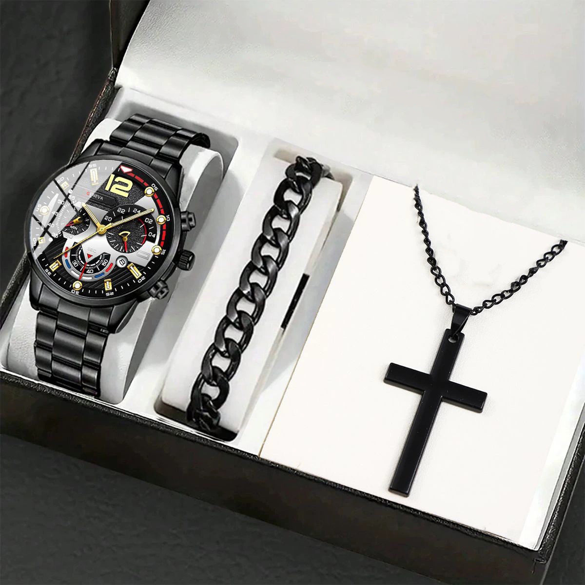 Men's Bracelet Cross Necklace And Watch Set